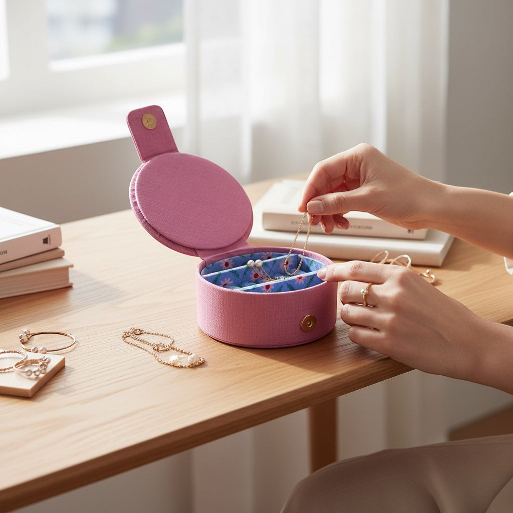 JOYCO Mystic Eye jewellery box in pink cotton linen with floral interior, open on a wooden desk with gold accessories.