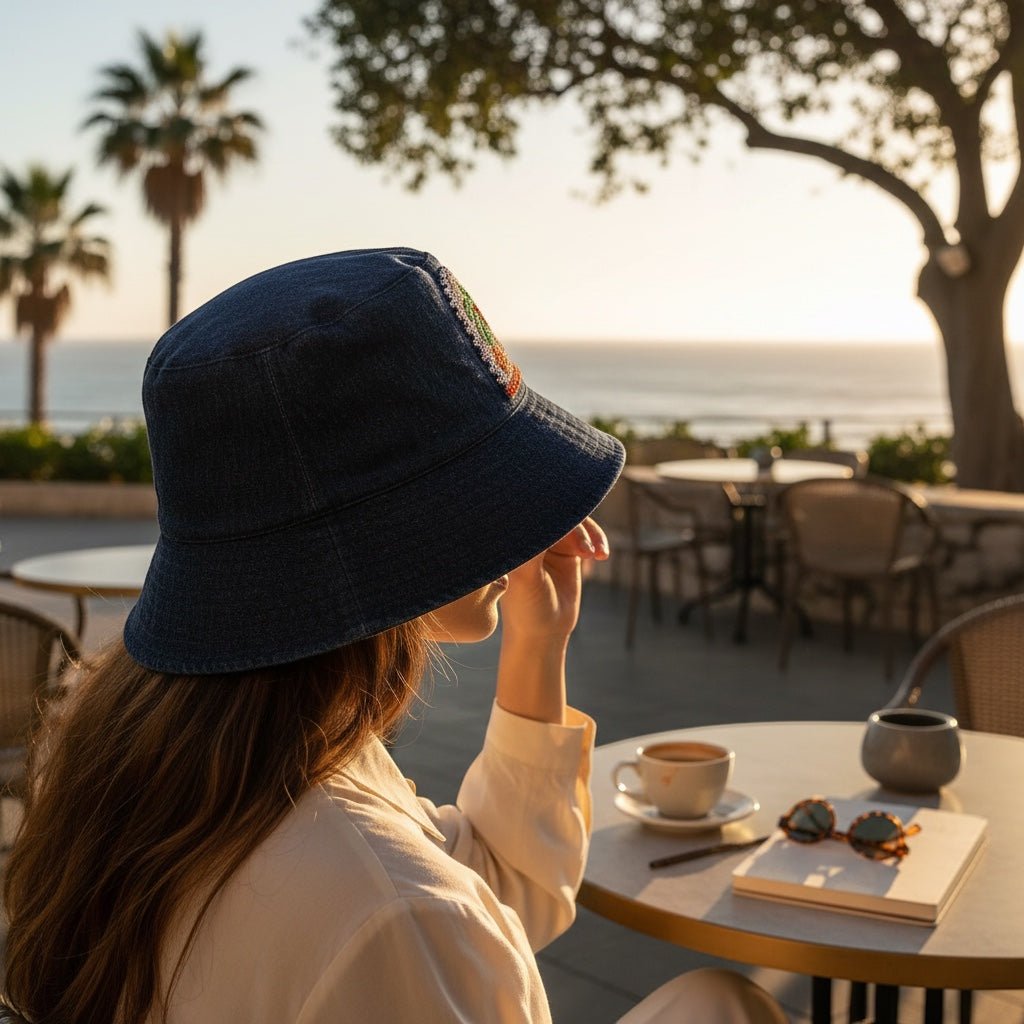 JOYCO navy bucket hat with intricate embroidery worn by a woman at an outdoor seaside cafe during sunset.