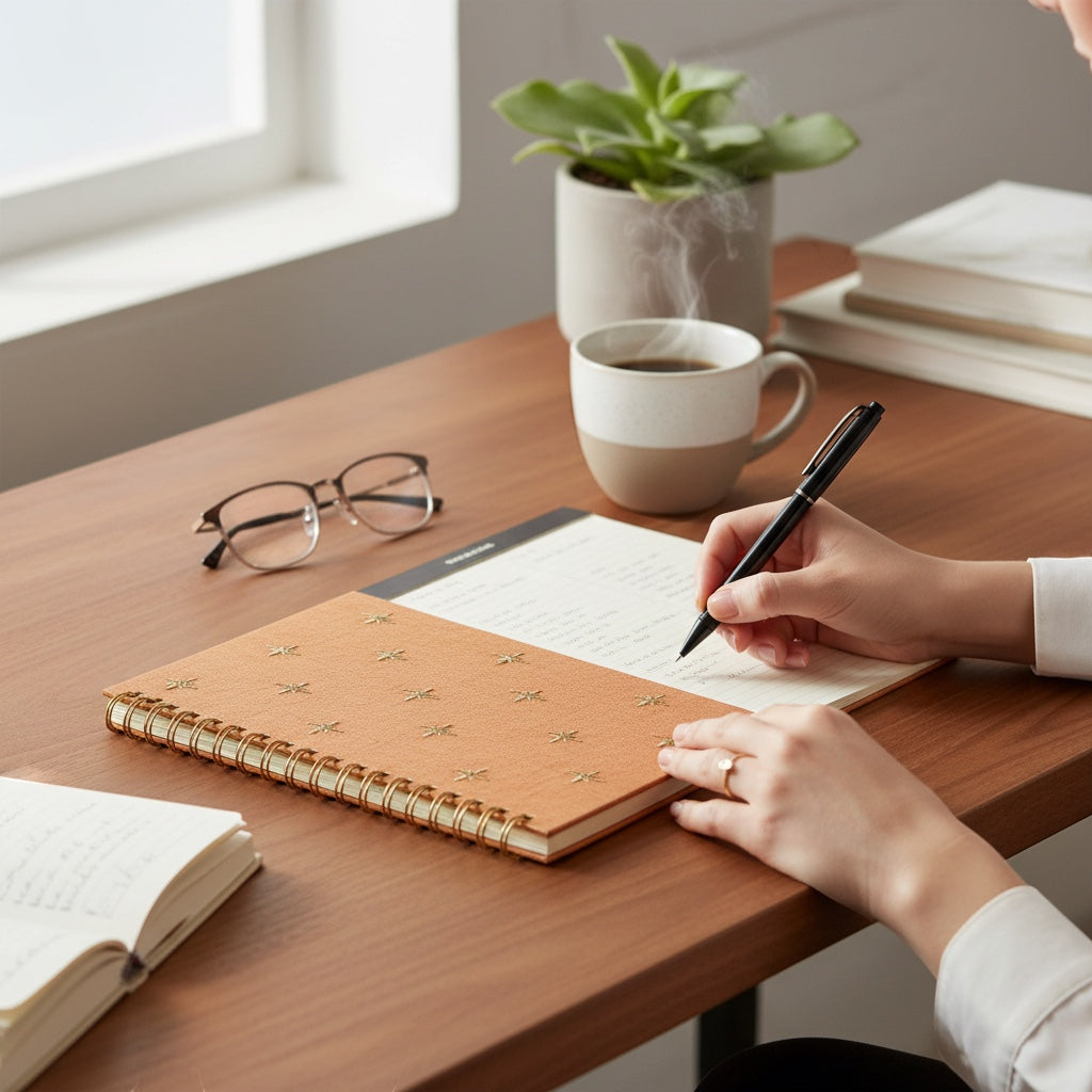 JOYCO A5 notebook with orange linen cover and gold star embroidery, being used for writing on a wooden desk.