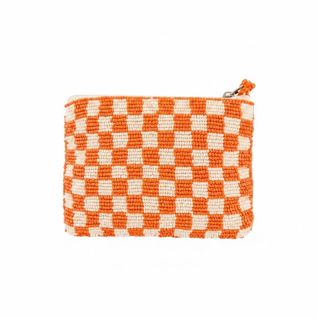 JOYCO Palm Mirage embroidered pouch featuring an orange and white checkered beaded pattern with a zip closure.