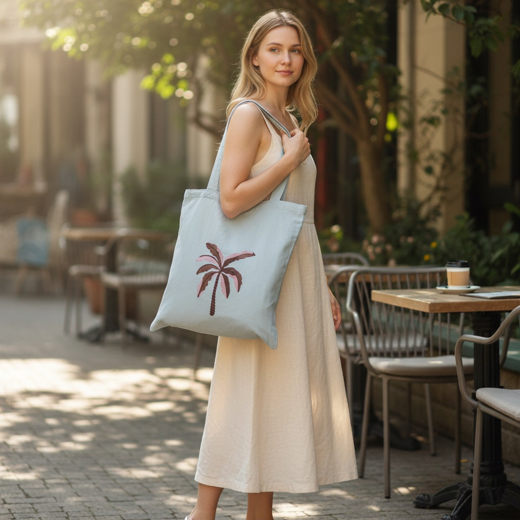 JOYCO cotton tote bag in light blue with hand-embroidered palm tree motif, carried by a woman in a cafe setting.