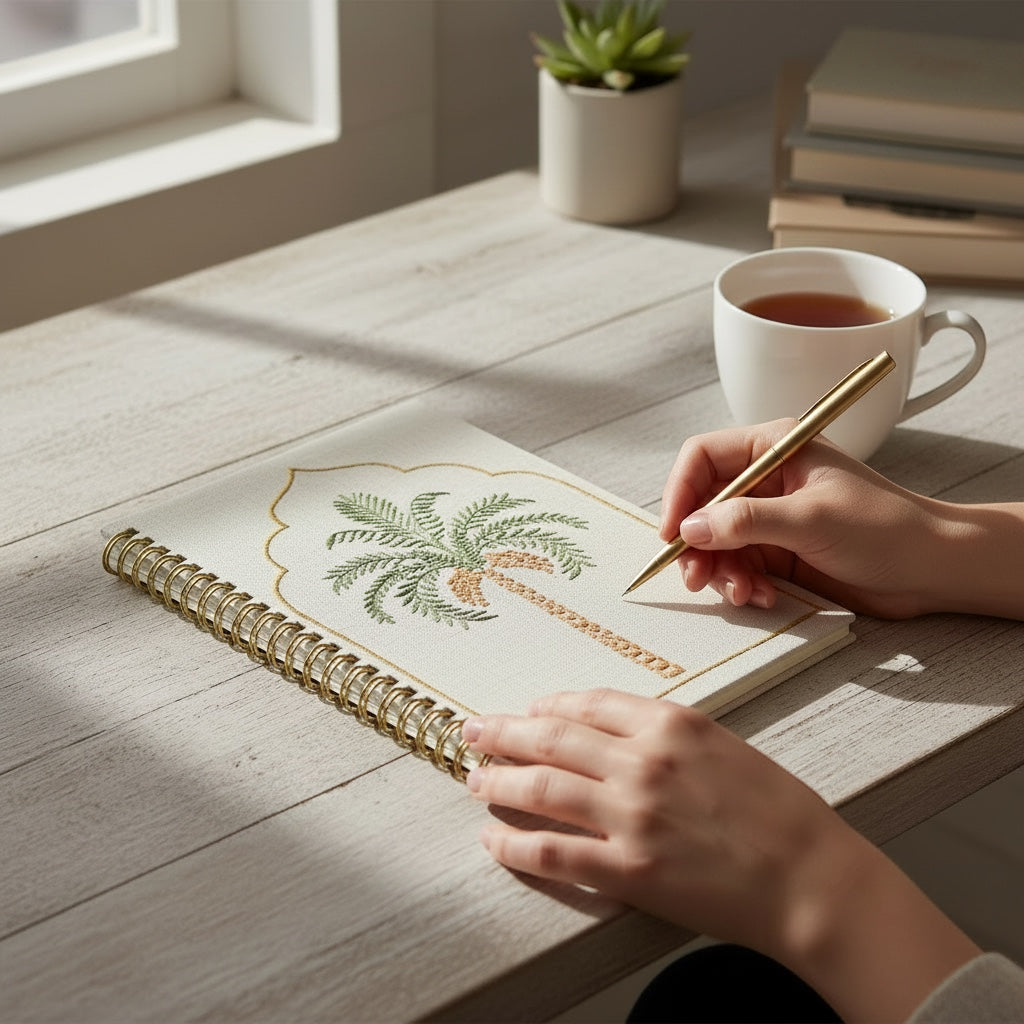 JOYCO A5 spiral notebook with cream linen cover and delicate embroidered palm tree motif on a wooden desk