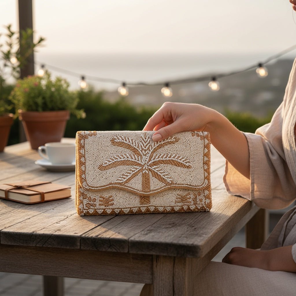 JOYCO Palm Glow clutch with beige and gold beaded palm tree embroidery held on a wooden outdoor table at sunset.