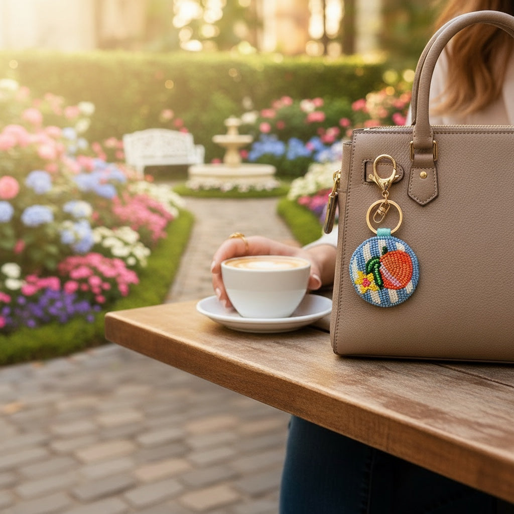 JOYCO Peach Riviera embroidered keychain featuring a peach design on a blue striped background hanging from a handbag.