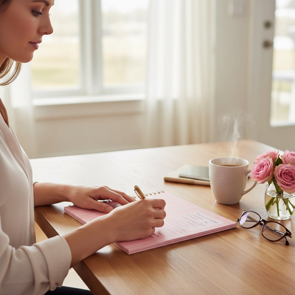 JOYCO pink cotton wellness journal on a wooden desk with a woman writing, a steaming mug, and fresh pink roses.