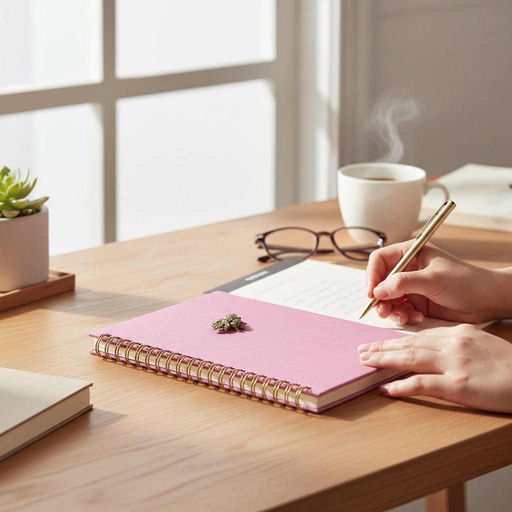 JOYCO A5 pink linen journal with brass bug charm on a wooden desk with a person writing in it