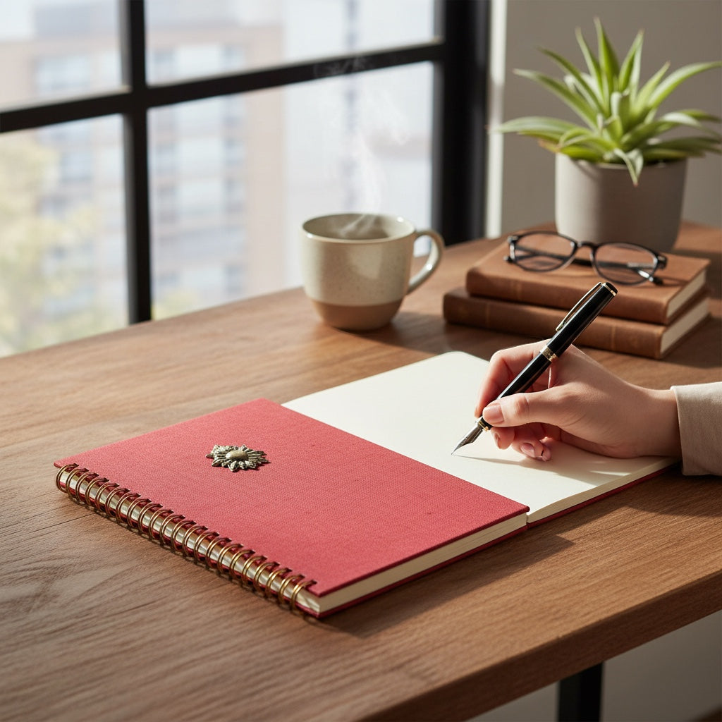 JOYCO red linen A5 journal with brass heart charm and wire binding, open on a wooden desk with a hand writing.