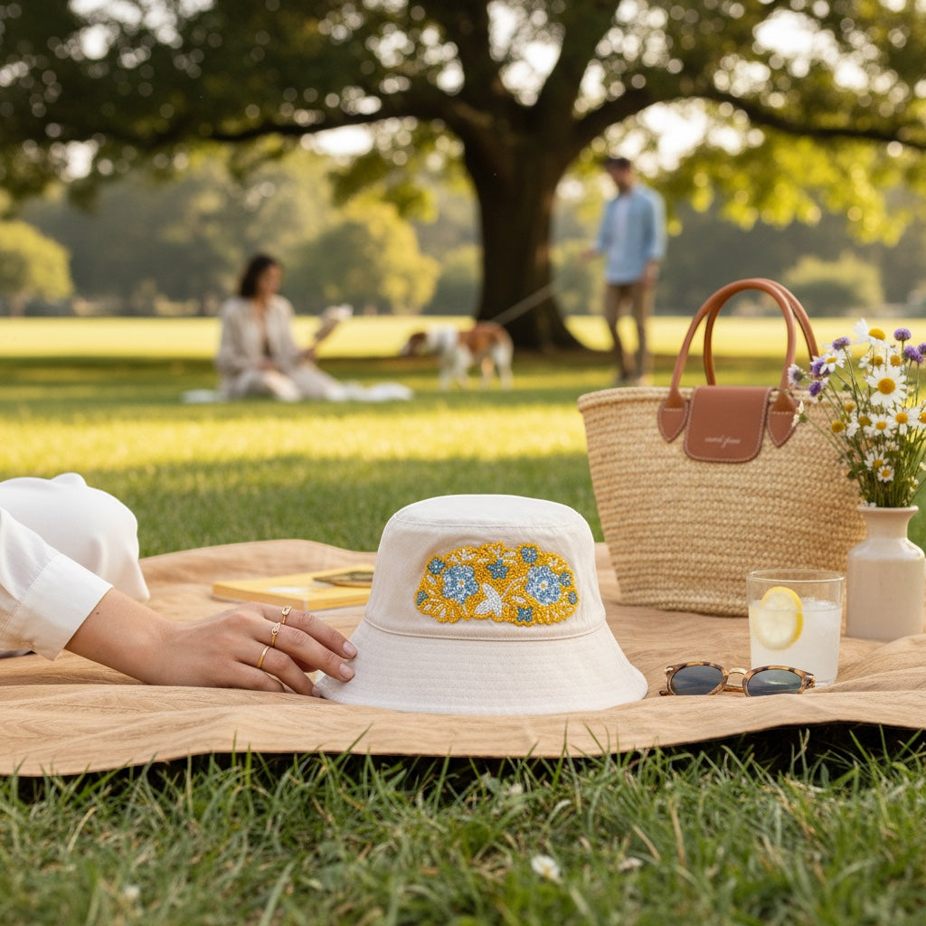 JOYCO Soleil Bloom bucket hat in cream fabric with vibrant yellow and blue floral embroidery on a sunny park picnic.