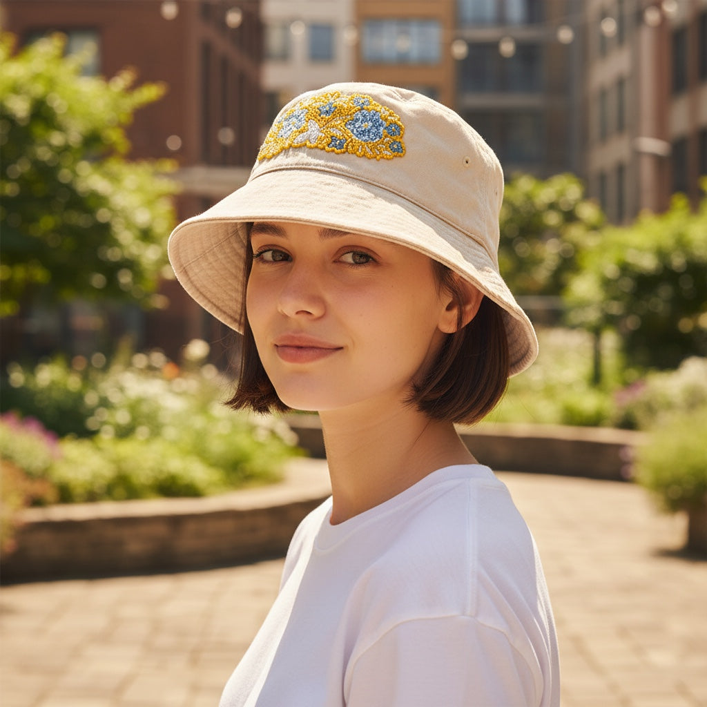 JOYCO Soleil Bloom bucket hat in beige cotton with vibrant yellow and blue floral embroidery worn by a young woman.