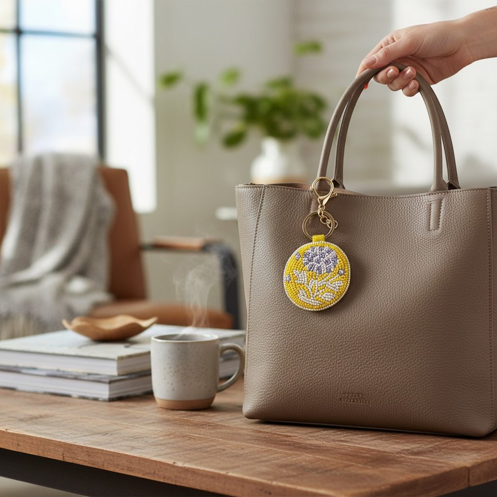 JOYCO Soleil Bloom embroidered keychain with yellow and purple floral design hanging from a taupe leather handbag.