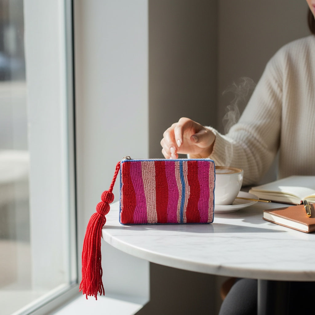 JOYCO Sorbet Stripe embroidered pouch in pink and red with a long red tassel, sitting on a cafe table.