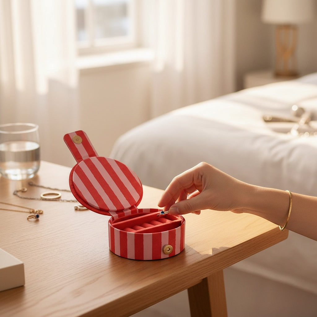 JOYCO heart-shaped cotton jewelry box with red and white stripes, open on a wooden vanity table with a hand inside.