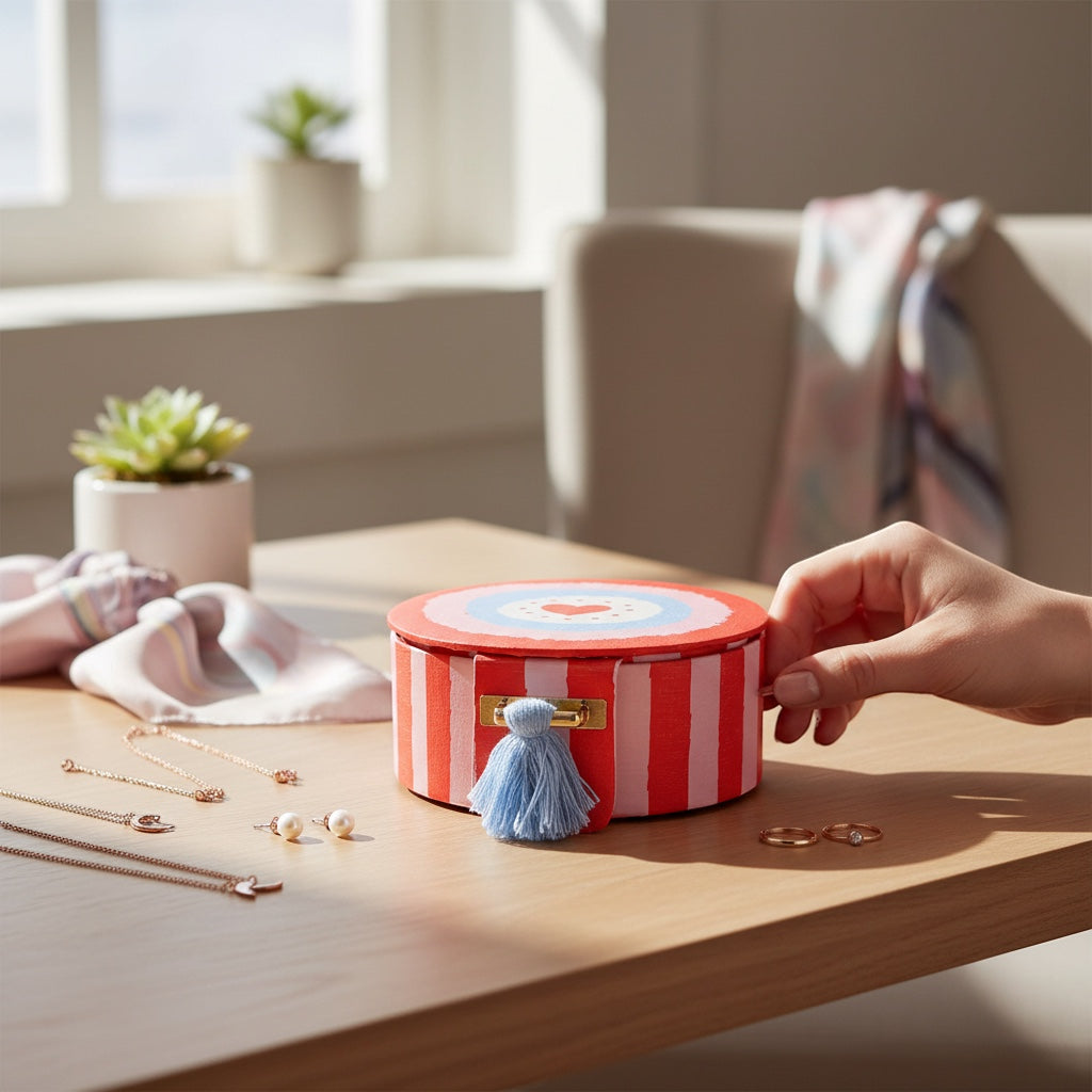 JOYCO heart-shaped cotton jewelry box with red and white stripes, blue tassel, and gold latch on a wooden table.