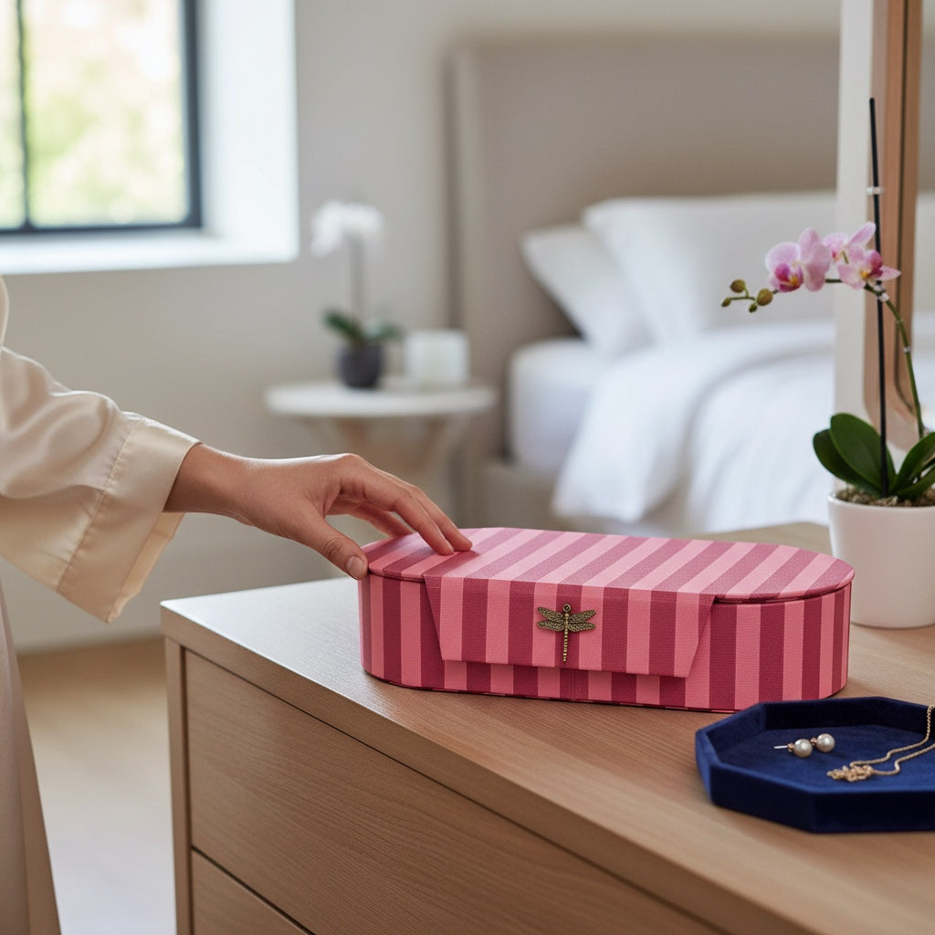 JOYCO oval striped jewellery box in pink cotton linen with a dragonfly clasp on a wooden dresser.