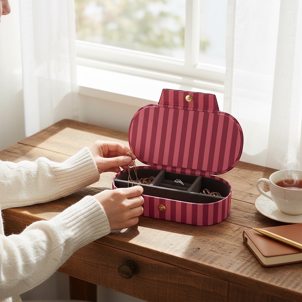 JOYCO striped oval jewellery box in pink cotton linen, open on a wooden desk with hands organizing gold accessories.