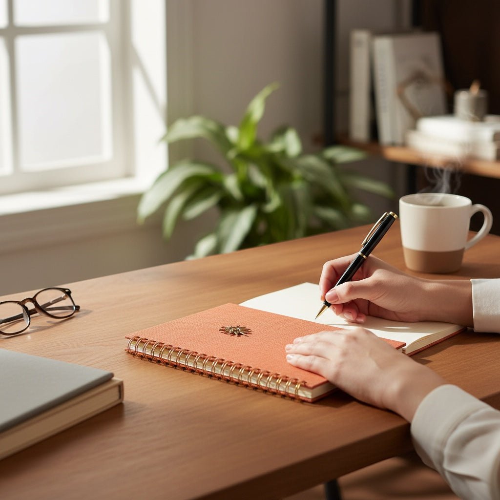 JOYCO Sun Charm Journal with orange linen cover and brass sun detail, wire-bound A5 notebook on a wooden desk.