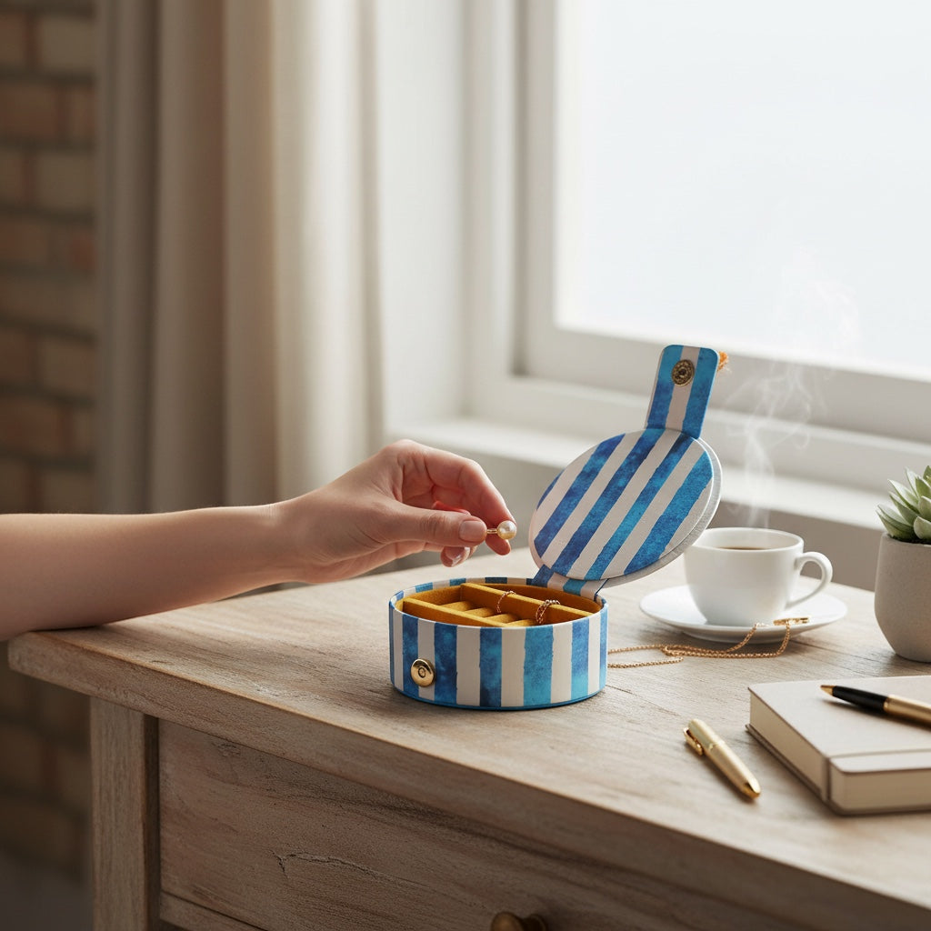 JOYCO Sun Jewellery Box in blue and white striped cotton linen, open on a wooden desk with a hand placing a ring.
