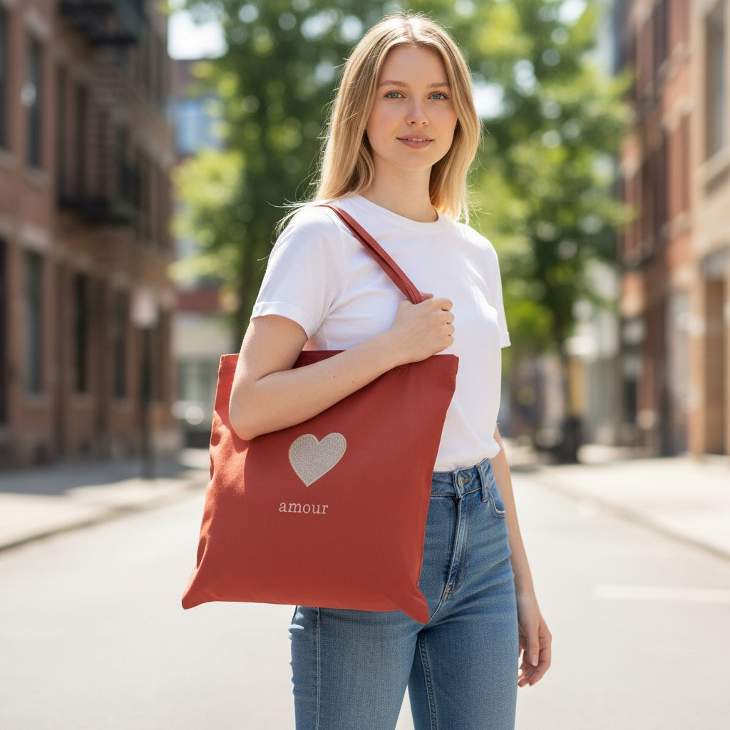JOYCO cotton tote bag in terracotta red with heart embroidery and amour text, worn by a woman on a city street.