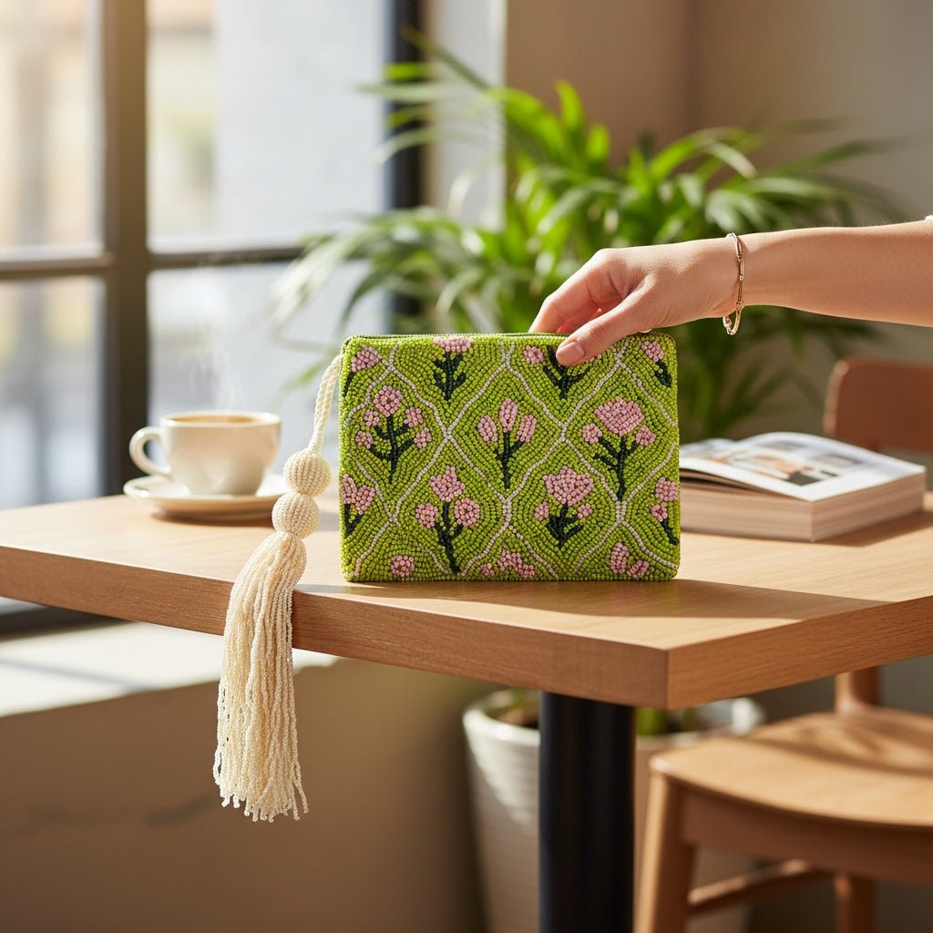 JOYCO Verdant Muse green beaded pouch with pink floral embroidery and a long cream tassel on a wooden cafe table.