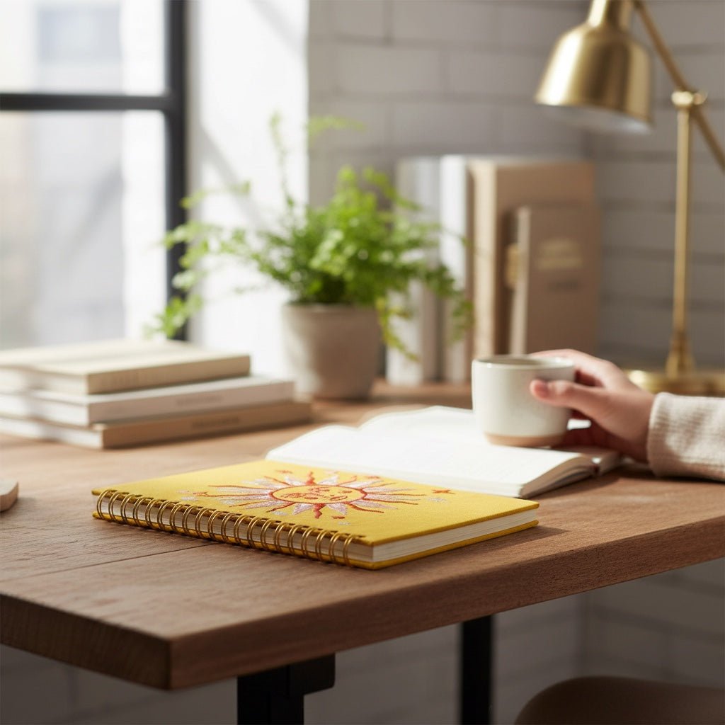 JOYCO yellow linen hardcover journal with hand-embroidered sun motif and spiral binding on a wooden desk